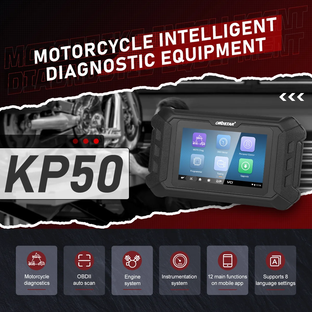 Фото OBDSTAR KP50 Диагностический инструмент для мотоциклов OBD2 Сканер с прозрачными кодами неисправностей Поддержка для Yamaha/Suzuki/HONDA/Kawasaki/KYMCO/VESPA №2