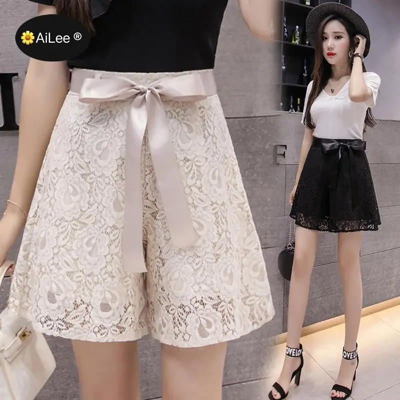 Women Wide Leg Lace Shorts Summer Loose Knee Length Shorts Ladies Casual High Waist Shorts Elegant Office OL Lady Street Shorts