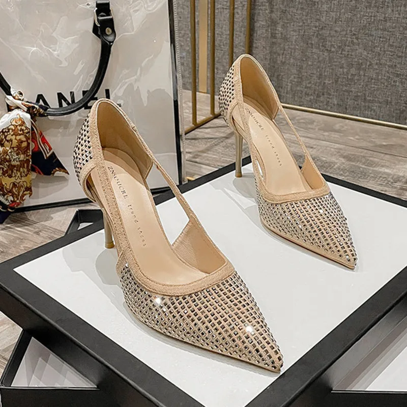 

2022 Fashion Summer Pumps For Women Party Shoes Sheepskin Pointed-toe 8cm Thin Heel Rhinestones Black Female Office High Heels