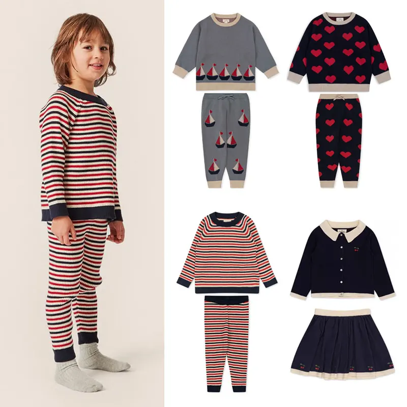 

23 Autumn/Winter KS Knitted Sweater Wool Pants Set Girls Knitted Skirt Dress Preppy Striped Sweater Autumn Wear