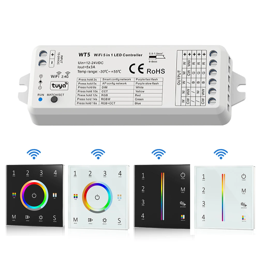WT5 Tuya wifi 5 in 1Smart RGBCCT Led Controller RGB CCT RGBW RGBWW LED Strip Light Touch Panel 2.4G RF Wifi Controller