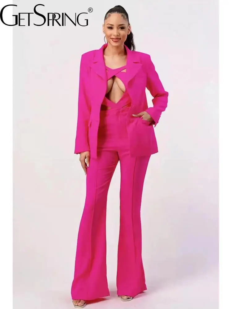 

GetSpring, женские блейзеры и брюки, костюмы, темпераментные 2022, укороченный топ с вырезами, пиджак и расклешенные брюки, комплекты из трех предм...