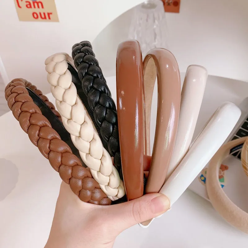 

Women PU Hair Hoop Headband Retro Plaid Hairbands for Girls Wide Hair Band Female Handmade Head Hoop Headwear Hair Accessories