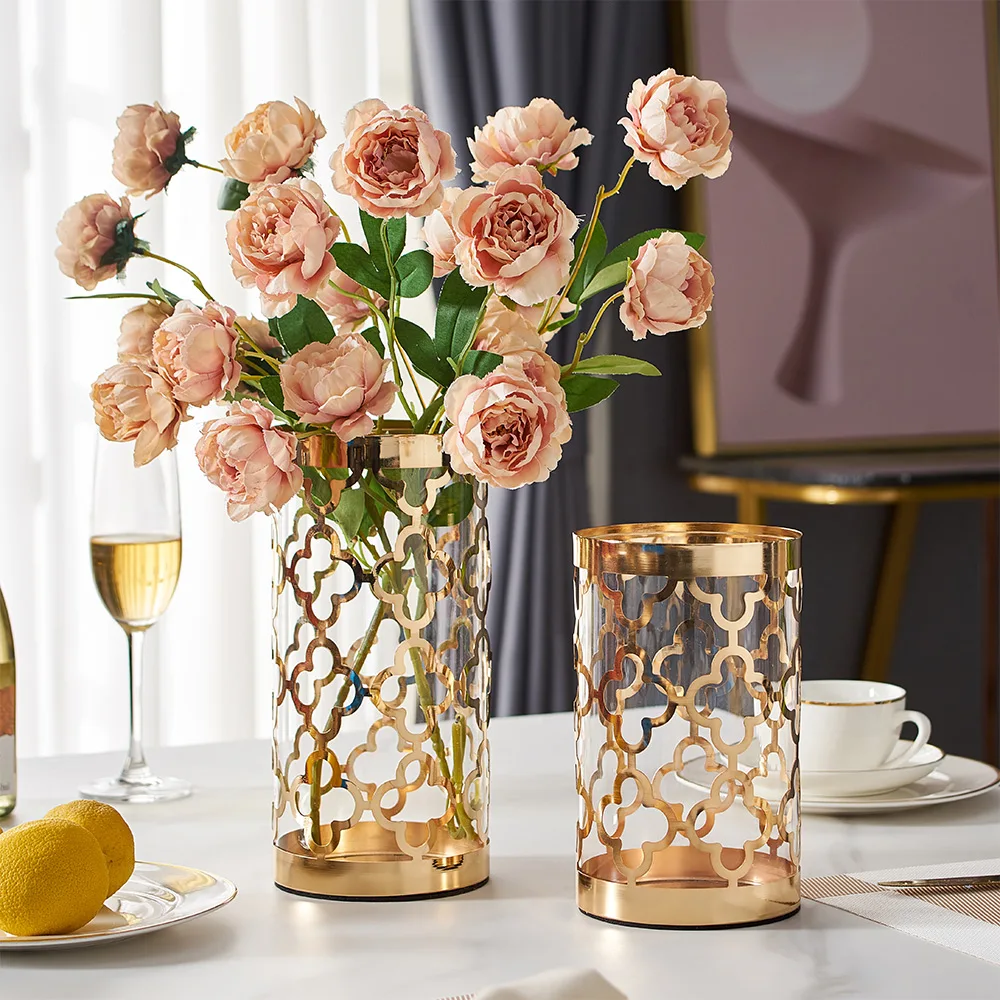 

Золотая ваза, Искусственные стеклянные вазы для цветов, украшение для дома, цветочный горшок, украшение для гостиной, подарки