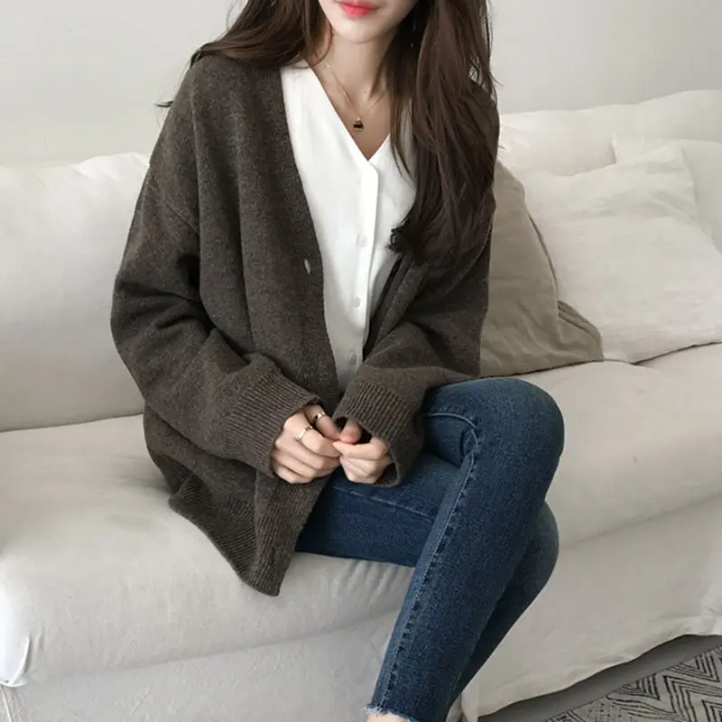 

Y2K New Retro Sweater Cardigan College Wind Autumn And Winter Trend Casual Joker Loose V-Neck Sweater Lazy Wind Jacket Woman Top