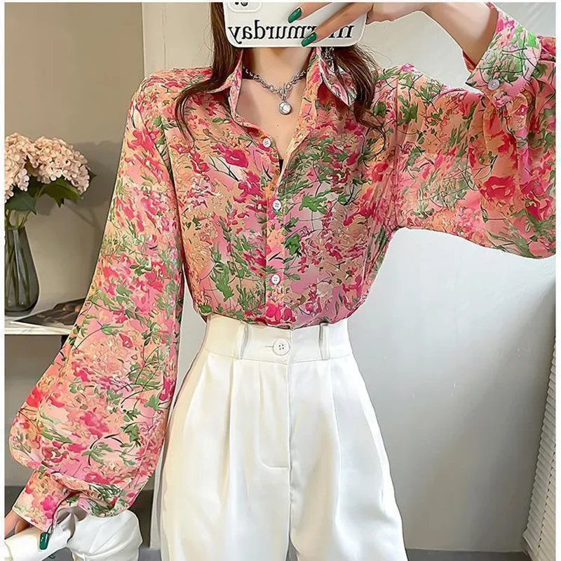 Модная свободная шифоновая рубашка с рукавами-фонариками и принтом женская