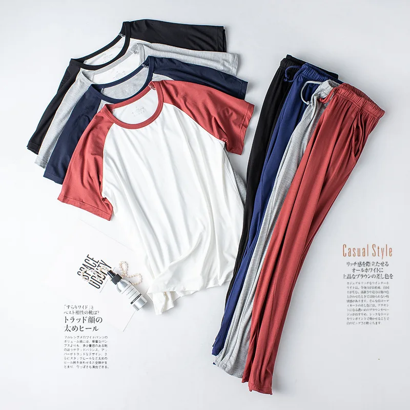 2023 Spring/Summer New Women's Pajama Set Modal Short Sleeves+Pants Two Piece Color Matching Thin Casual Sports Home Furnishing