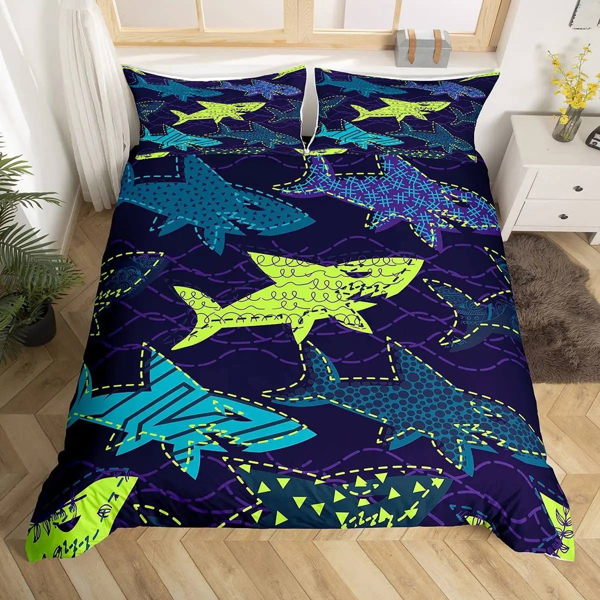 Комплект постельного белья с изображением акулы пододеяльника и мультяшных