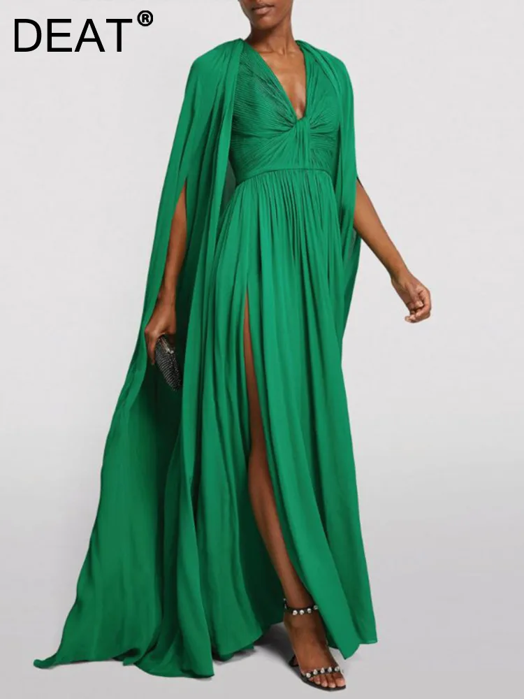 

[DEAT] Women Dress Loose Temperament Green High Waist V-neck Long Sleeve Spring Fashion New 2023 Fashion Tide 13Z5176
