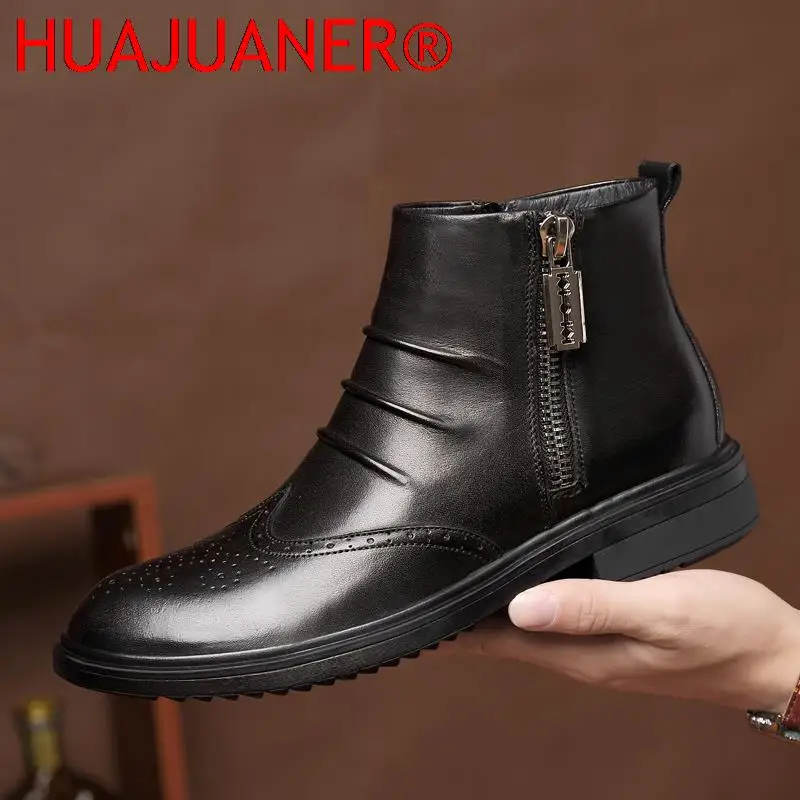 Vintage New Men Casual Shoes Autumn Winter Plush Warm Men's Boots Genuine Leather Side Zipper Brogue Shoes Luxury Chelsea Boots