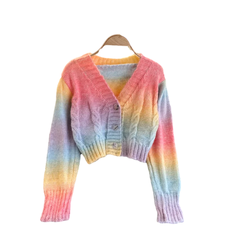 

Merry Pretty Autumn Winter New Korean Gentle Wind Jacket Women Short All-match Rainbow Striped Knitted Cardigan Sweater Coat