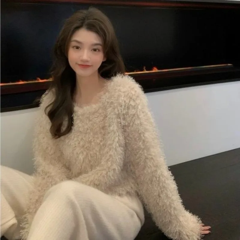 Ezgaga свитер женский осенне-зимний пушистый свободный с круглым вырезом