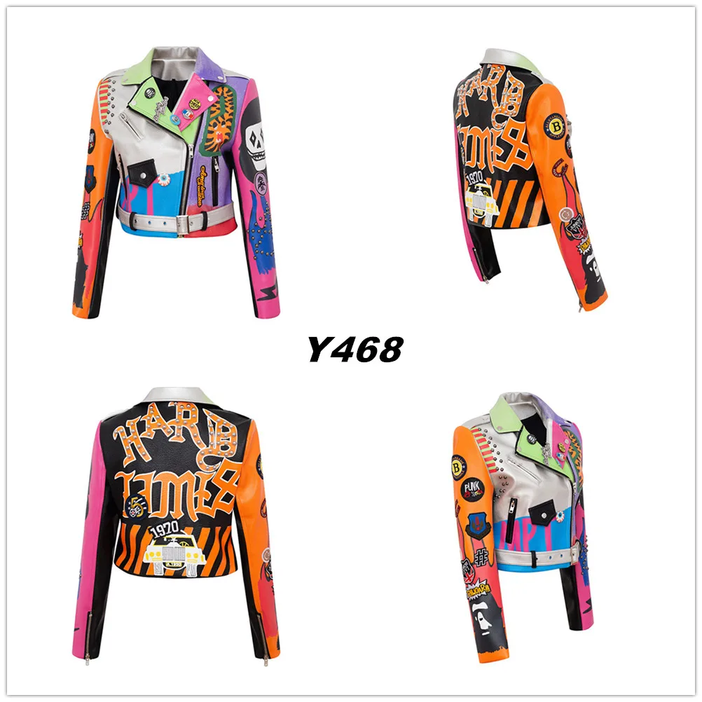 women and men rivet beading pu leather jacket hit color streetstyle Graffiti outerwear letters printed leather jackets Y468