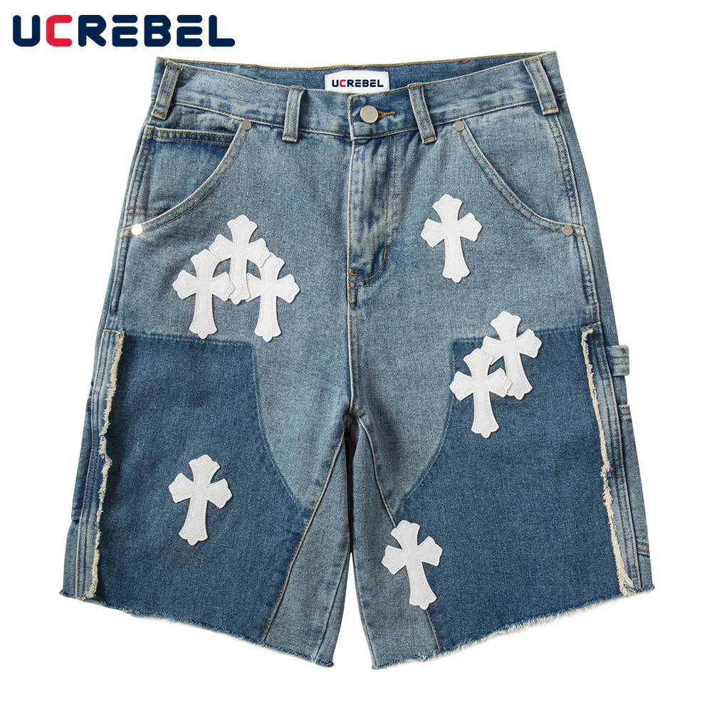 Мужские джинсовые шорты с перекрестными нашивками летние цветные до колена в
