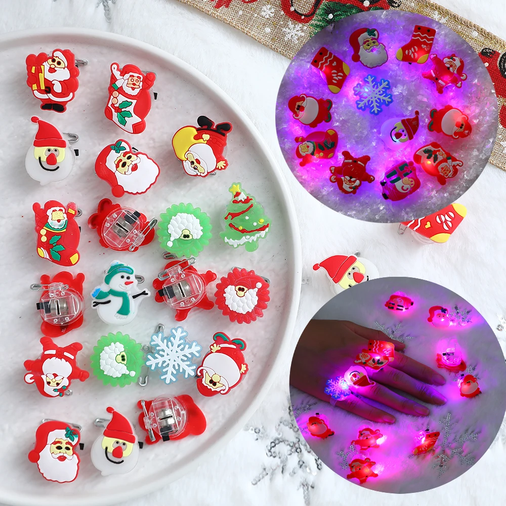 

6/12pcs LED Christmas Glowing Finger Ring/Brooch Santa Snowman Rings for Kids New Year Gifts Luminous Toys Xmas Supplies 2023