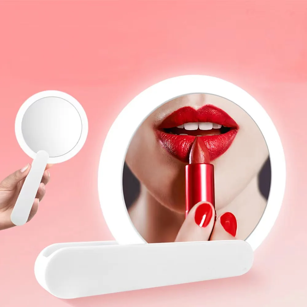 MINI Makeup Mirror Hand-held Portable Muti-Functional ED Mirror Fill-in Light Folding Long Handle Mirror Makeup Tool
