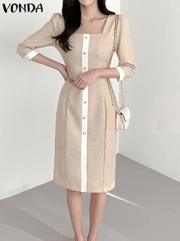 

Летний женский сексуальный Повседневный Сарафан VONDA средней длины 2023, элегантное платье с квадратным вырезом и рукавами-фонариками, женское платье на пуговицах, Пляжное Платье