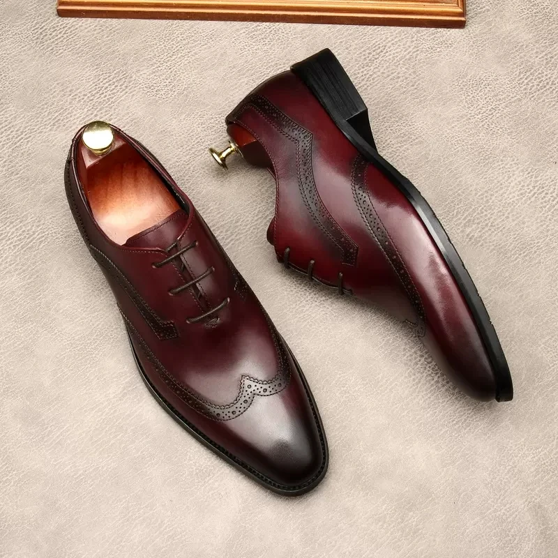

New Black Burgundy Men's Genuine Leather Shoes Business Dress Elegant Gentleman Oxford Shoes Simple British Style Wedding Shoes