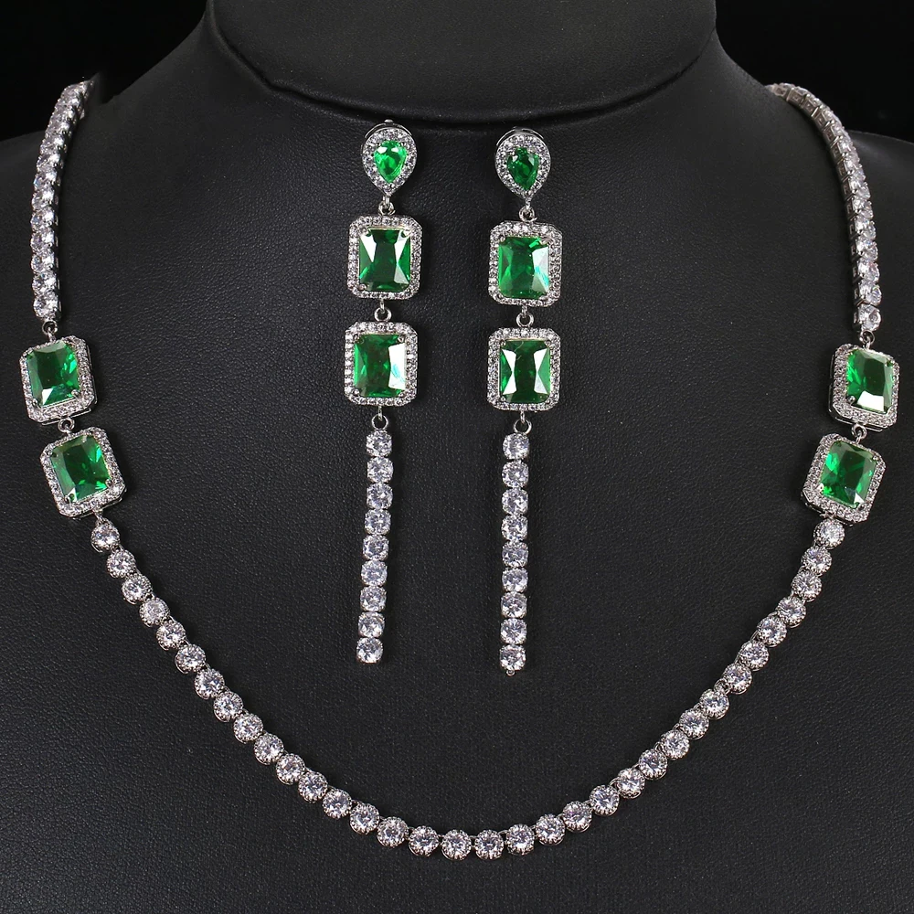 

GMGYQ New Trend Shiny White Gold Color Metal Rectangle Green Zirconia Jewelry Sets for Fashion Women Grand Party Accessories
