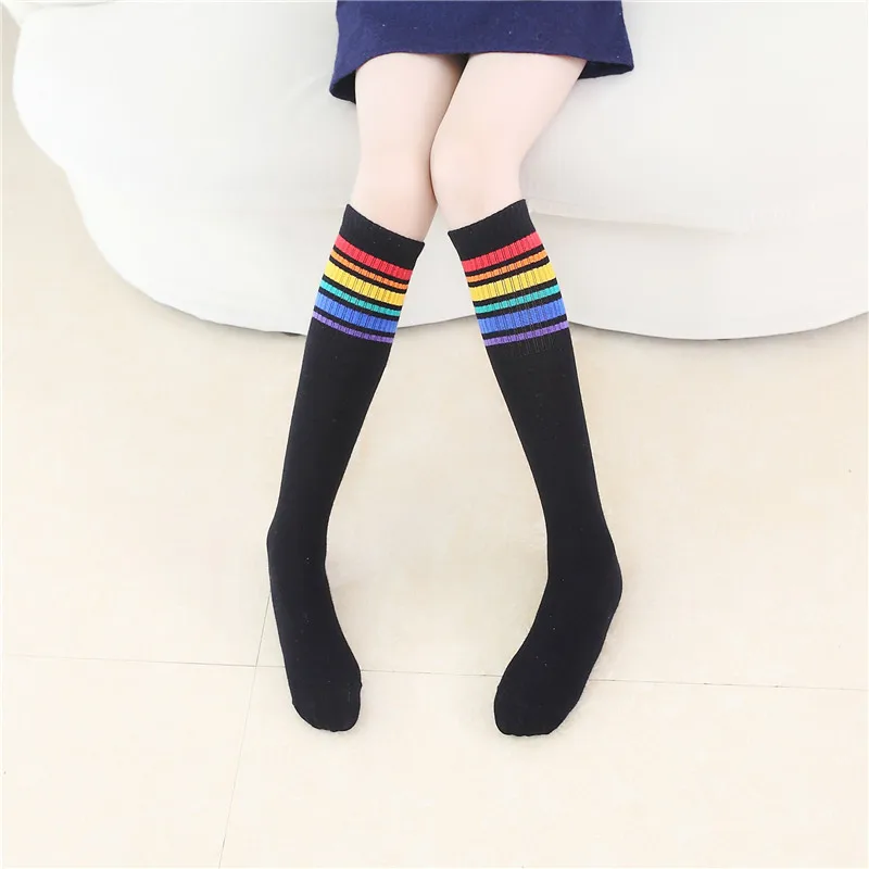 Student Stockings over the Knee Cotton Straight Board Children's Tube Socks Stitching Rainbow Striped Boys and Girls Half Socks