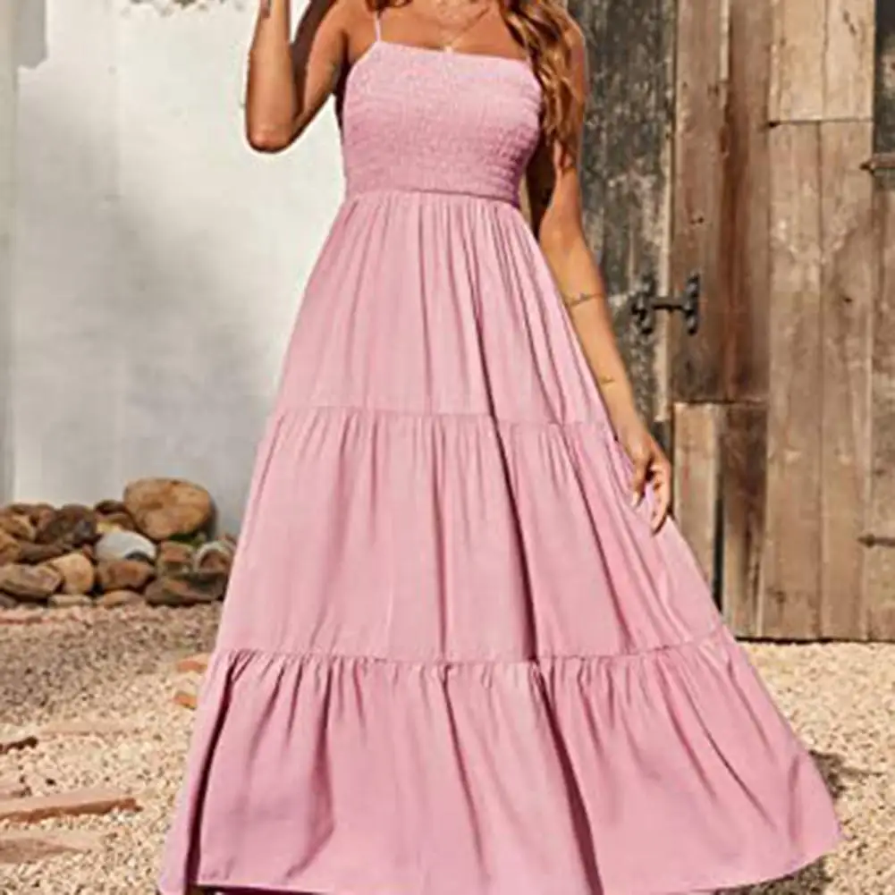 

High Quality Cotton Linen Spaghetti Strap Dress Women 2021 Summer Solid color Sexy Dresses Vintage Slim Ruffle Long Dress