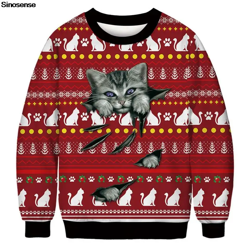 

Свитер с забавным котом для мужчин и женщин, пуловер с уродливым рождественским рисунком, свитшот с круглым вырезом для новогодних праздник...