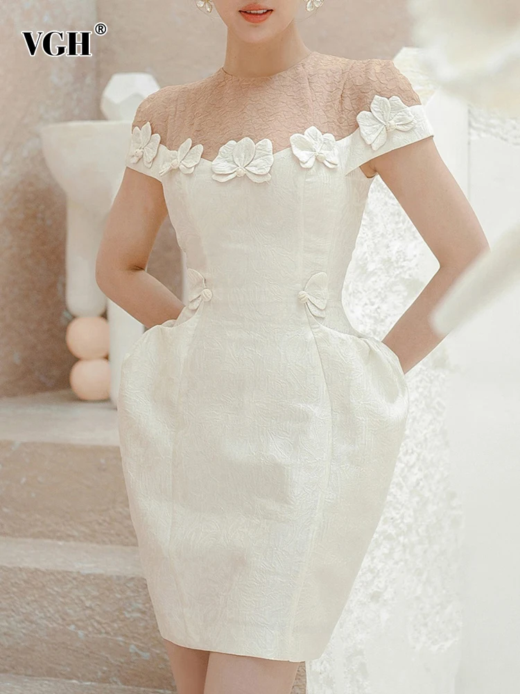 

VGH elegant patchwork appliques dress for women round neck short sleeve high waist hit color dresses female fashion clothimg new