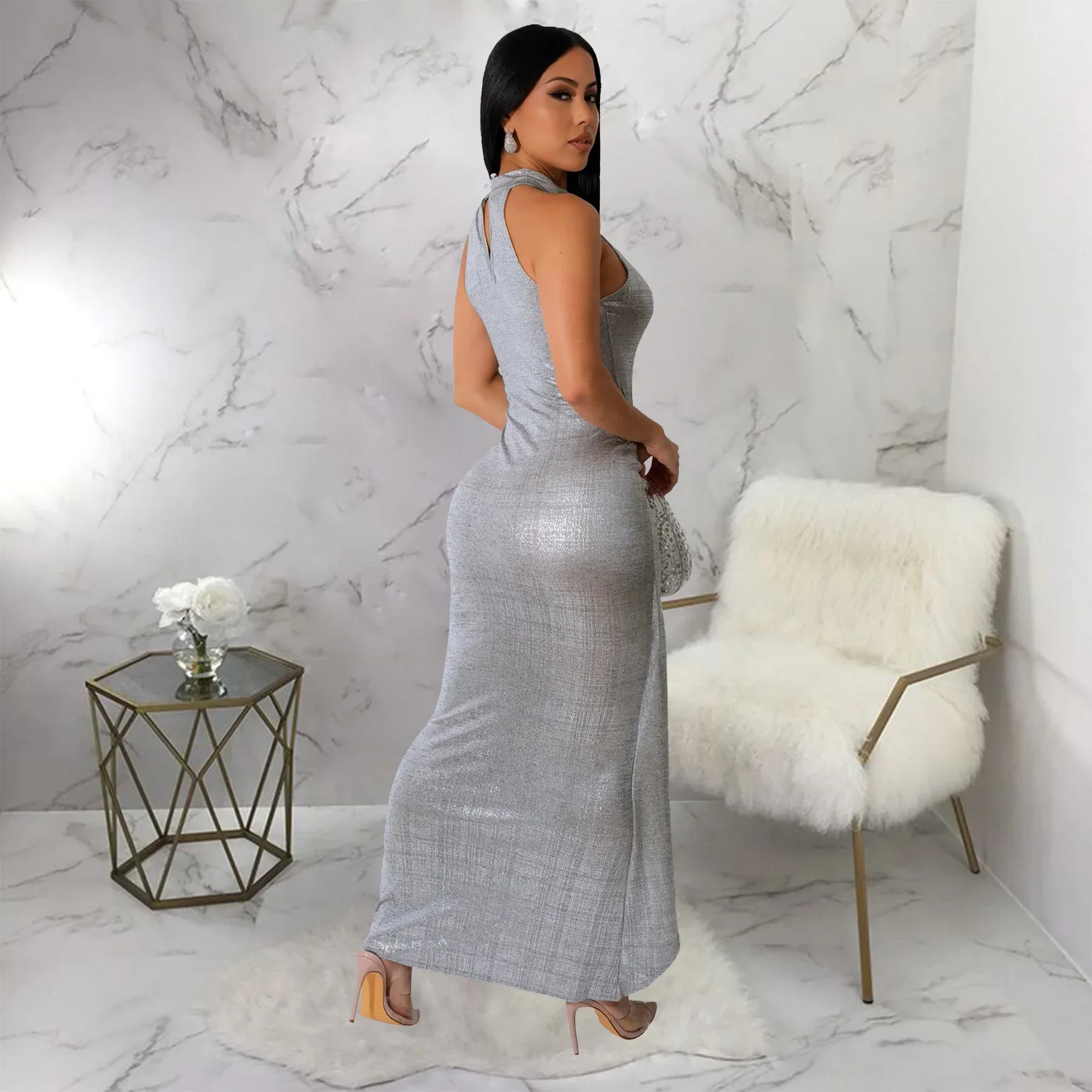 Серебряное блестящее бандажное длинное платье сексуальные женские вечерние