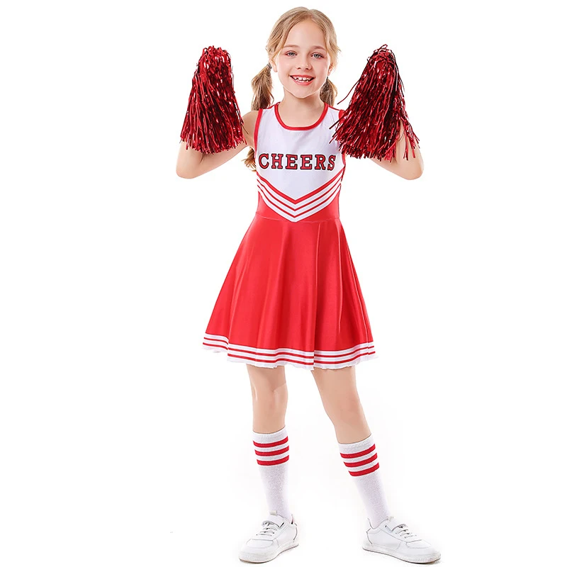 

Halloween 5 Colors Girls Cheerleader Outfit Cheerleading Pompoms Dress Socks Set Uniform Schoolgirl Cheer Costume Fancy Dress