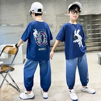 boys cotton summer suit 2022 new fashion print clothes children korean handsome short sleeved shirt pants 2pcs set