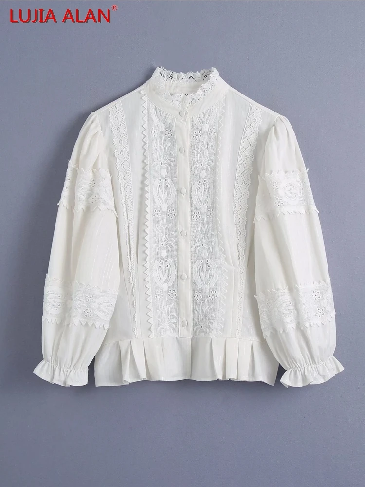

Women Embroidery Lace Splicing Blouse Female Nine Quarter Sleeve Shirt Casual Lady Loose Tops Blusas LUJIA ALAN S9925