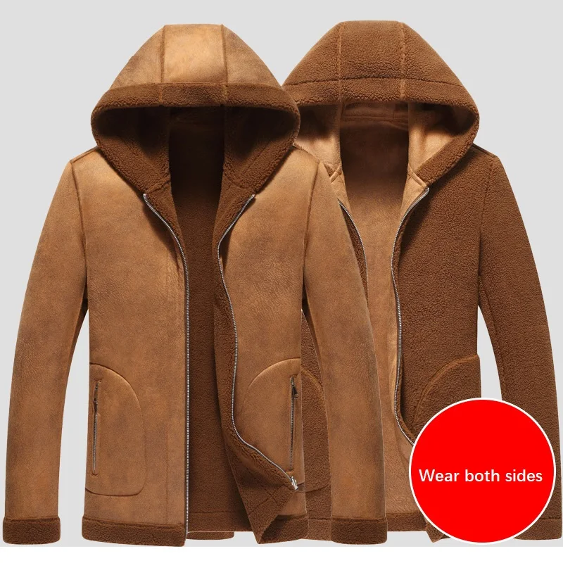 2022 Plush Thickened Faux Suede Hooded Jacket Imitation Leather Coat Fur Integrated Warm Jackets Couple Clothes Winter Coat Men
