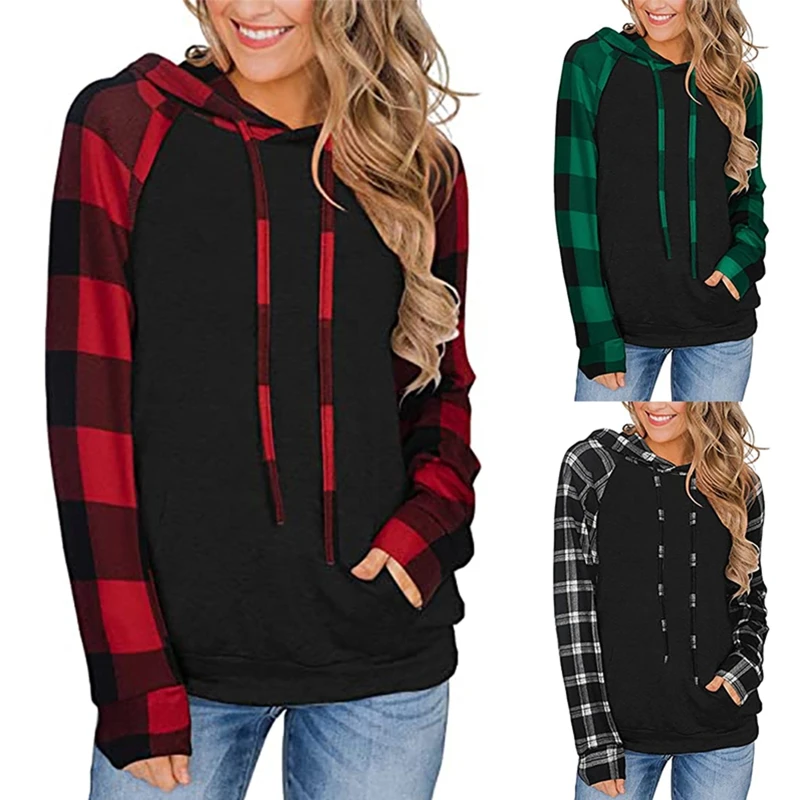 

Plaid Print Long Sleeve Drawstring Hoodies Sweatshirt Pullover Top for Women