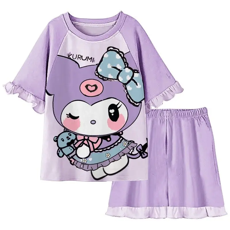 

Kawaii Sanrio Kuromi Мультяшные детские пижамы из чистого хлопка для девочек Летняя тонкая женская домашняя одежда с коротким рукавом летняя полностью хлопковая