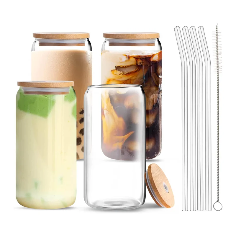 

Beer Can Glass with Bamboo Lids and Glass Straws 4 Pack 16Oz Drinking Glasses with Lids and Straws Can Shaped Glass Cups
