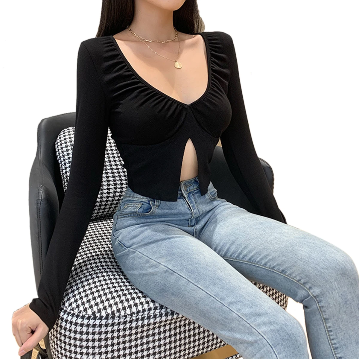 

Women's Sexy Deep V-neck Split Top Solid Color Slim Fit Long Sleeve Pullover Tunic for Summer Autumn