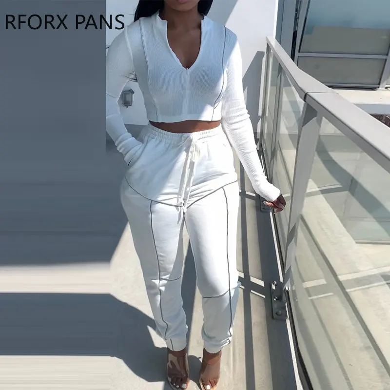 

Women Chic Long Sleeves Zipper Short Crop Top& Long Bottom Elastic Waist Casual Pants Sets