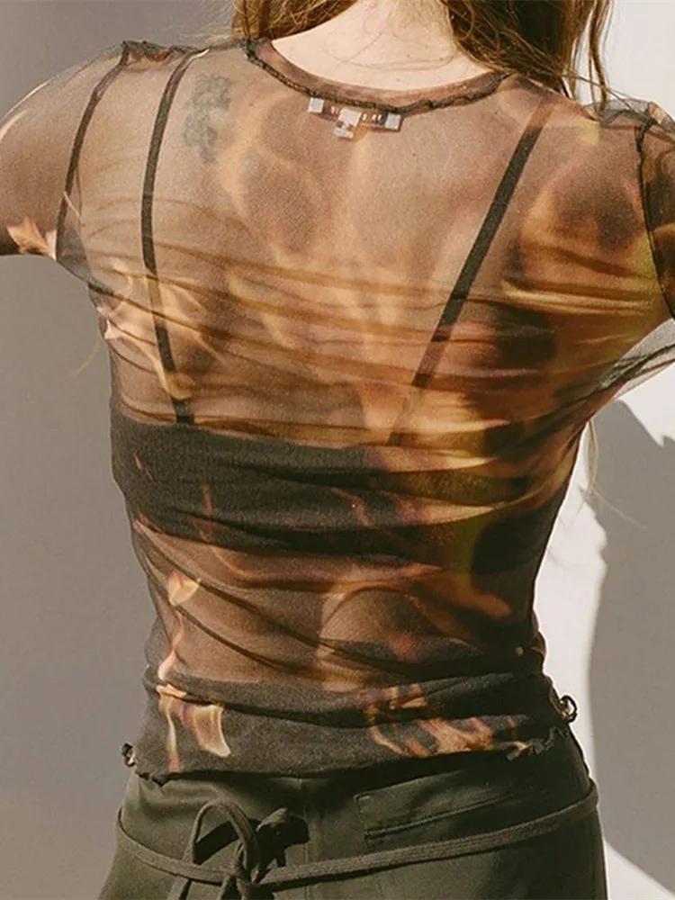 Женские футболки с рисунком огня сексуальные топы Просвечивающая эстетичная