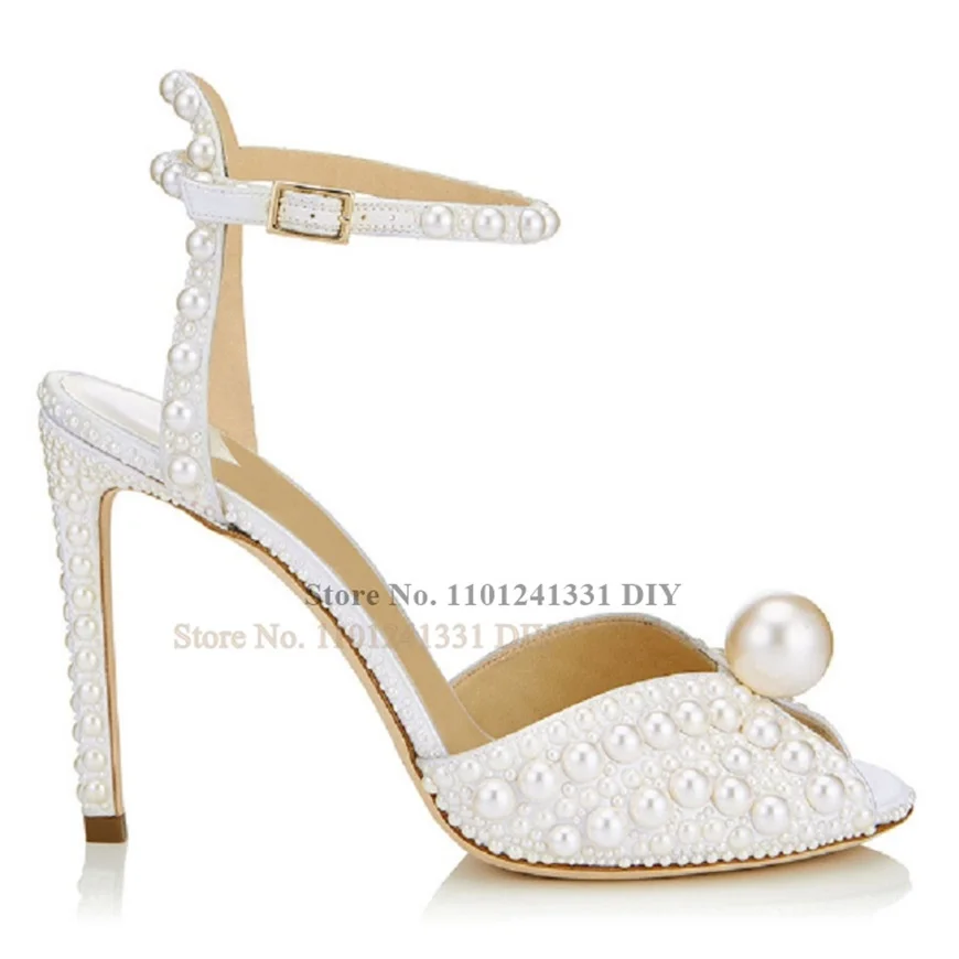 Women's White Thin High Heels Sandals Peep Toe Pearl Decoration Female Sexy Summer Sandals Party Shoes