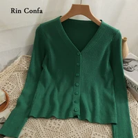 rin confa autumn long sleeve knitting cardigan low neck single breasted thin top women simple all match vertical bar tops