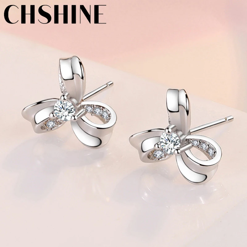 Купи CHSHINE 925 Sterling Silver Clover Flower Zircon Stud Earrings for Women's Fashion Wedding Gift Jewelry за 164 рублей в магазине AliExpress