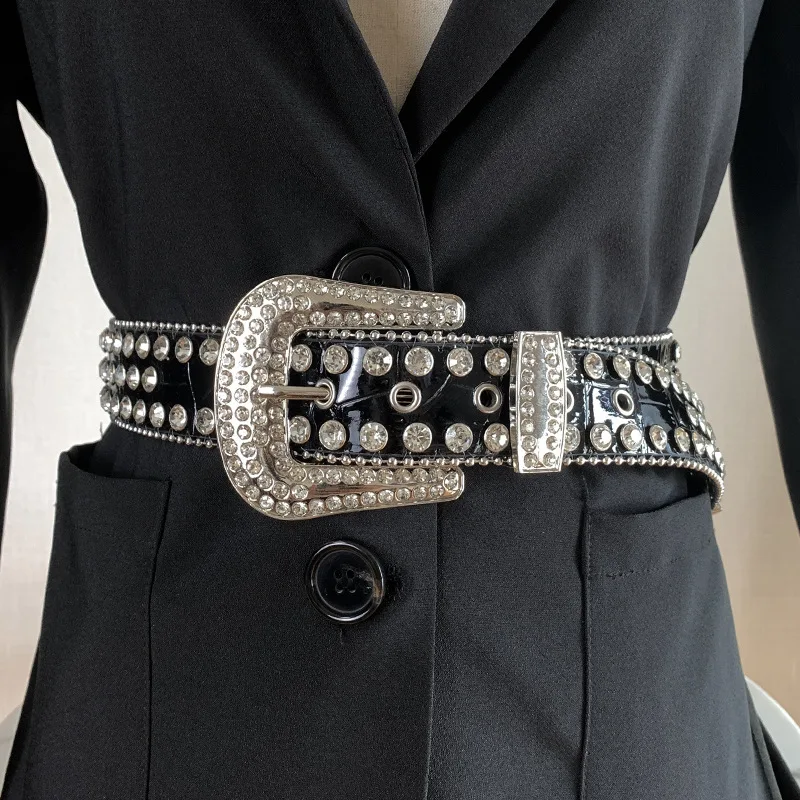 4cm Goth Rhinestones Genuine Leather Belt Western Cowgirl Cowboy Punk Luxury Diamond Studded Strap Crystal Belts For Jeans Pants