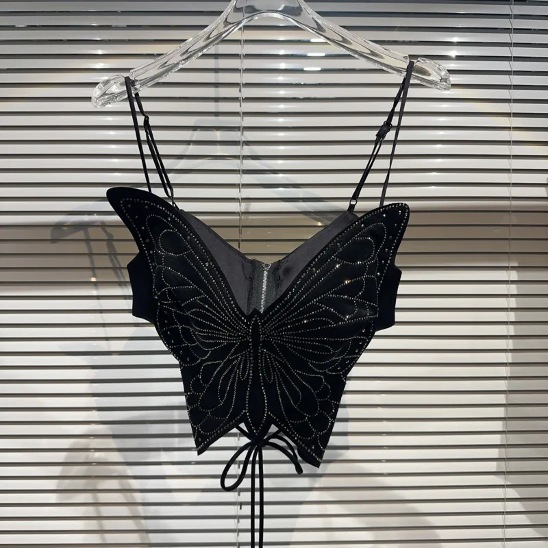 

PREPOMP 2023 Summer New Collection Sleeveless Rhinestone Big Bow Lace-up Bandage Black Sexy Slim Camisole Women Tank Top GK691