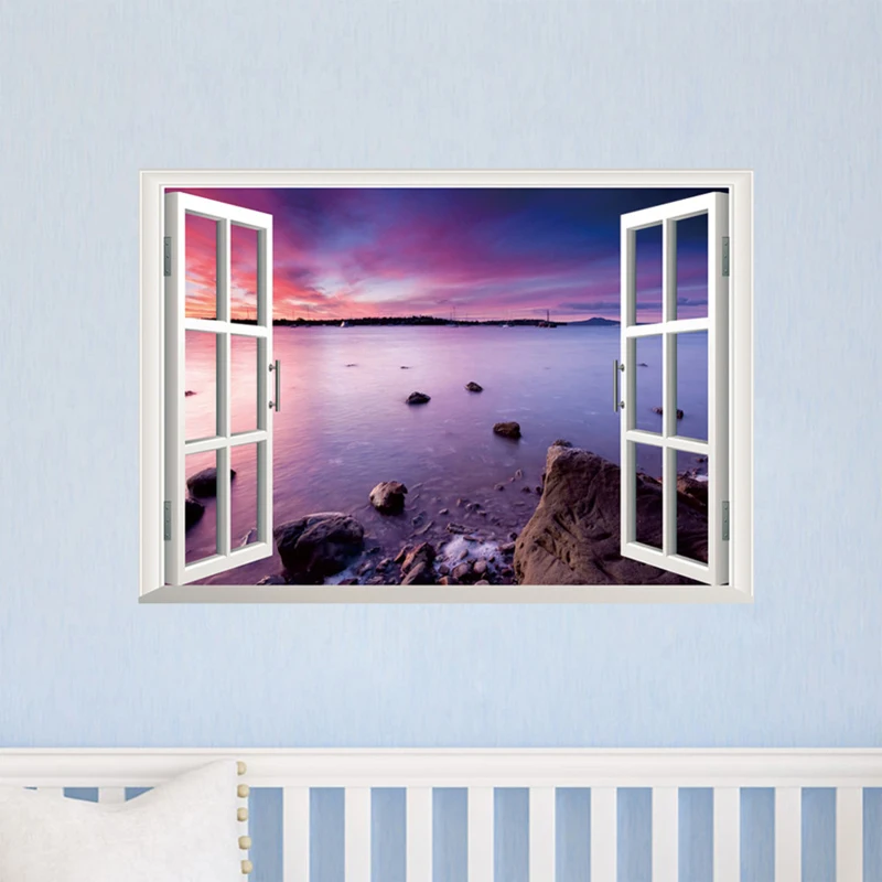 Beautiful sky tropical ocean 3D window view blue sea home decor wall sticker creative scenery living room office decals stickers
