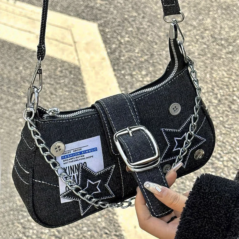 

Женские дизайнерские сумки и кошельки Rock Y2K, роскошные дизайнерские сумки из денима с вышивкой, пуговицами и надписями, Наплечная Сумка, нов...