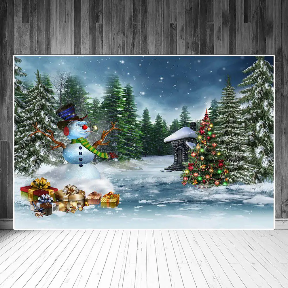 

Фоны для фотосъемки с изображением снежного леса рождественской елки подарка снеговика на заказ детские праздничные украшения для дома фо...