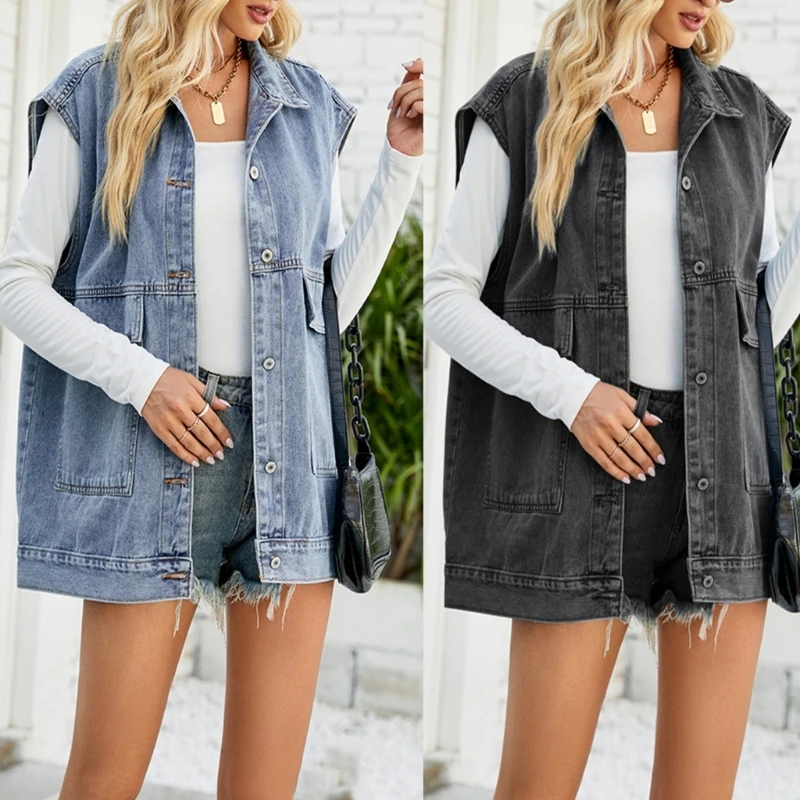 

Buttoned Washed Denim Jackets Sleeveless Poket Insgram Vest Cropped Distressed Oversize Jean Waistcoat for Summer 10CD