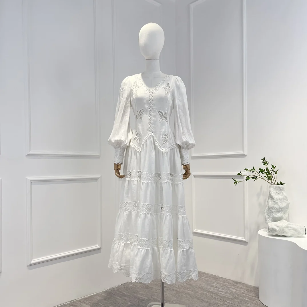

Женское плиссированное платье средней длины, элегантное льняное однотонное черное или белое платье с вышивкой, длинными рукавами-фонарика...