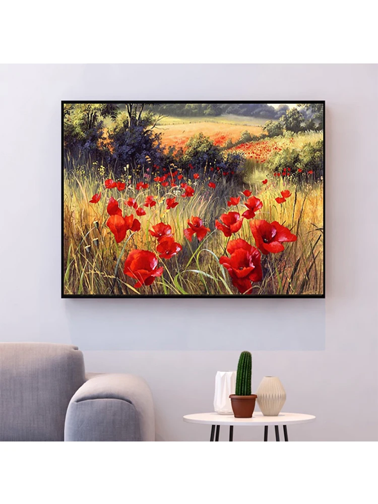 Алмазная 5D картина стразы с цветами маком травой полная выкладка из круглых