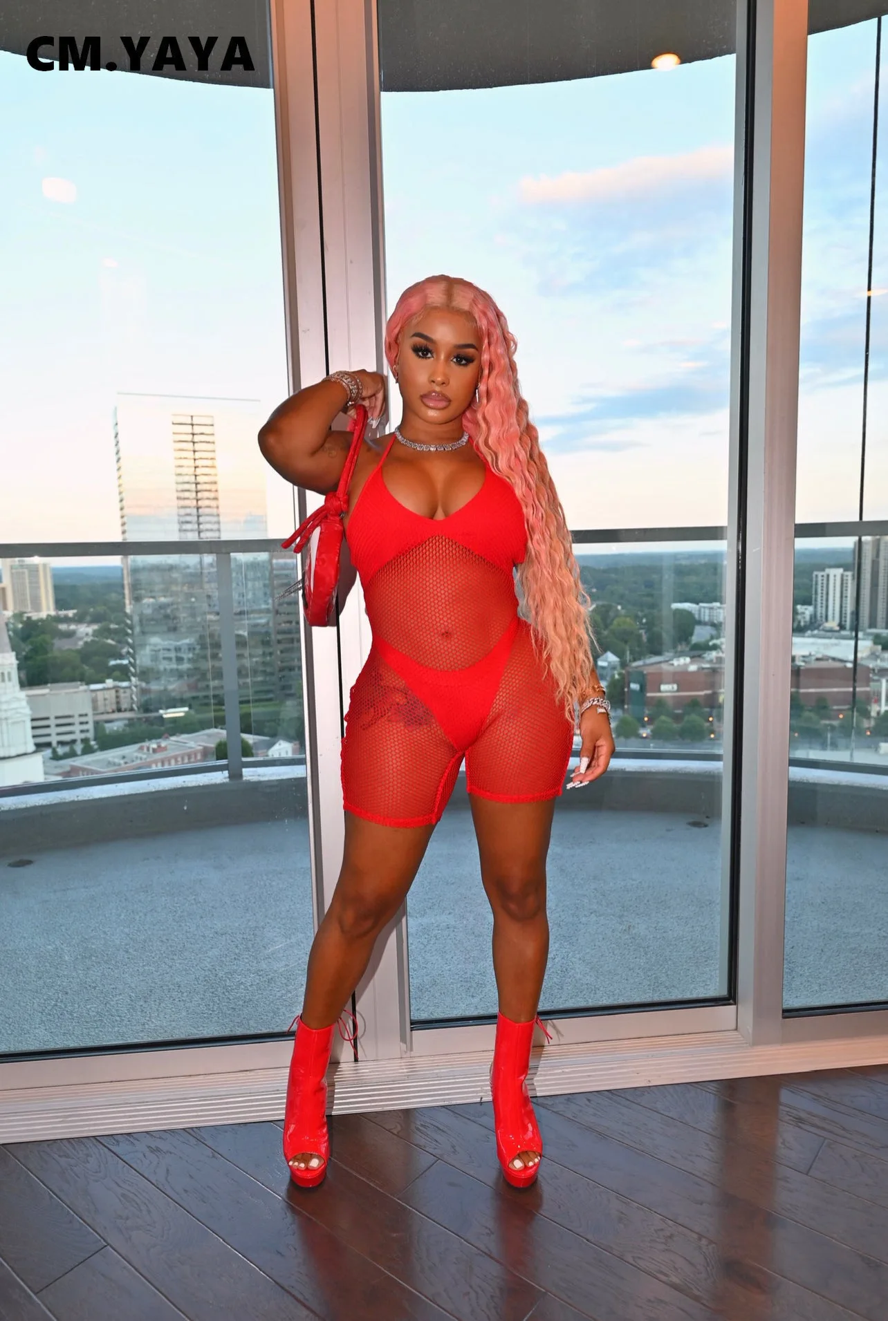 Женский сетчатый прозрачный комбинезон CM.YAYA облегающий эластичный без рукавов с